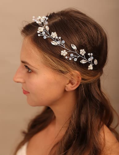 YERTTER Bridal Flower Pearl Headband Wedding Crystal Floral Headband Beads Opal Hair Band Crystal Vine Rhinestone Headband...