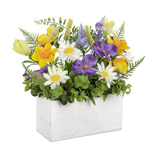 Briful Table Floral Arrangement Centerpiece, Faux Flowers in Wooden Vase, Silk Flowers for Home Decor Indoor, Spring Summe...