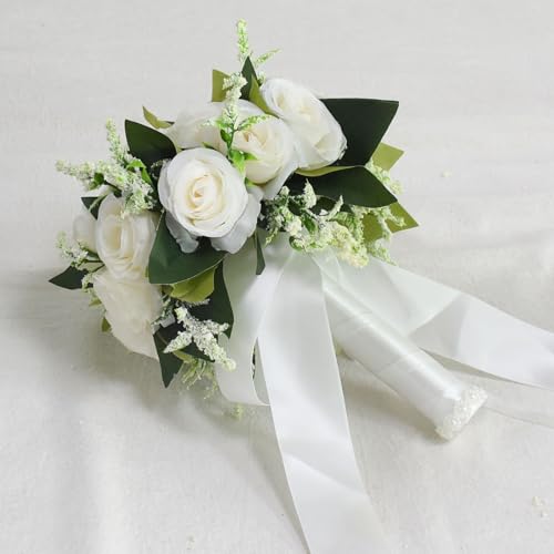 Wedding Bouquets for Bride Bridesmaid Bouquet Ivory Bridal Bouquet Artificial Roses for Wedding Church Home Decoration (Iv...