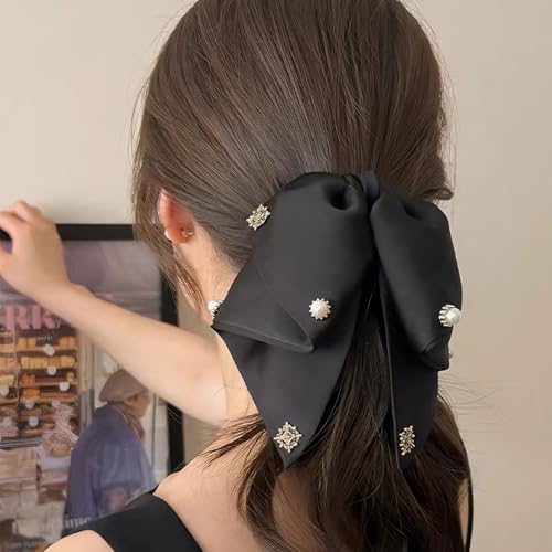 Rannyrena Large Chiffon Silk Hair Bow for Women Mesh Big Bows Hair Clips with Pearls Crystal Tulle Hair Barrettes Long Tai...