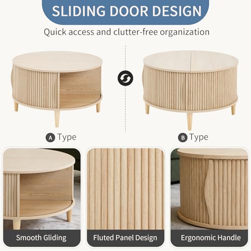 DUMOS Coffee Table, Round Coffee Tables with Storage, Fluted Center Table for Living Room, 31.69" Mid Century Modern Table...