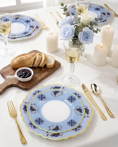 Morejoy 60Pcs Plastic Disposable Plates Set - Blue Plastic Plates Featuring Blue & Orange Floral Design With Gradient Gold...