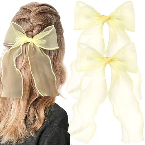 Alpinleux 2 Pcs French Yellow Bows for Hair, Silk Yarn Ribbon Elegant Hair Bow, Big Hair Bows, Hair Ribbons for Women, Fes...