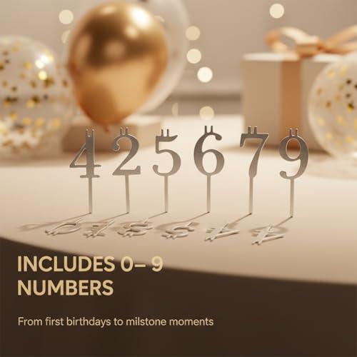 Reusable Number Birthday Candle Holder Set, Digital Birthday Cake Candle Holders Set, Silver Cake Topper Decorations, Adju...