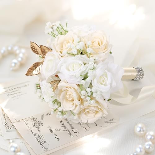 Qeedy Wedding Bouquets for Bride - Realistic Silk Flowers Artificial Roses, 9 Inch Bridesmaid Bouquet for Ceremony, Churc...