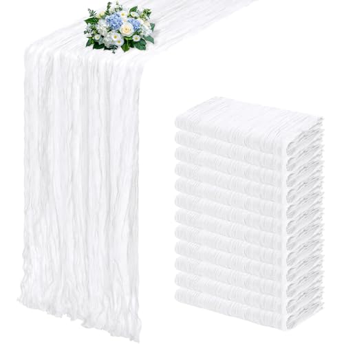 RealBox 12 Pack White Cheesecloth Table Runner 17x108 Inch Semi Sheer Boho Gauze Cheese Cloth Fabric Table Runners, for We...