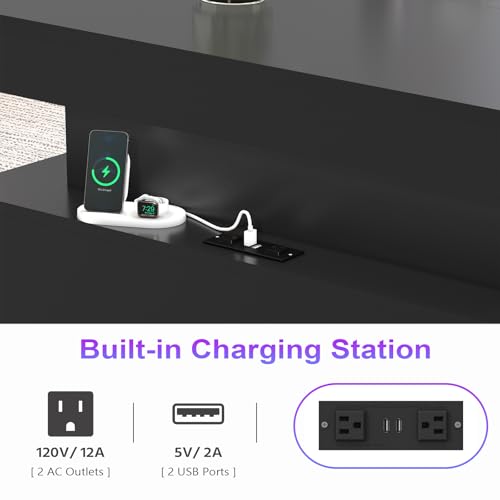 31.5" Square Coffee Table with Sliding Top and Charging Station, Black Coffee Tables with LED Lights and Storage Drawer fo...