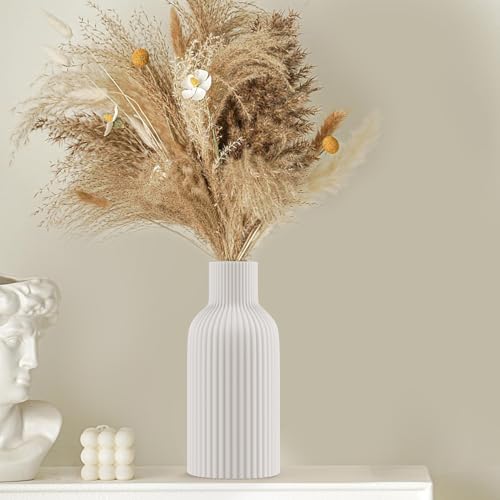 White Ceramic Flower Vase, Minimalist Modern Home Decor, Matte Finish Pampas Grass Vase for Table, Fireplace, Shelf, Mante...