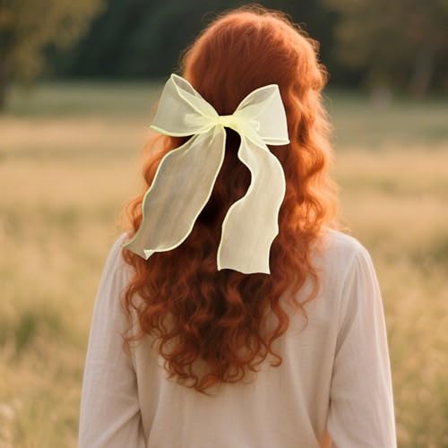 Alpinleux 2 Pcs French Yellow Bows for Hair, Silk Yarn Ribbon Elegant Hair Bow, Big Hair Bows, Hair Ribbons for Women, Fes...