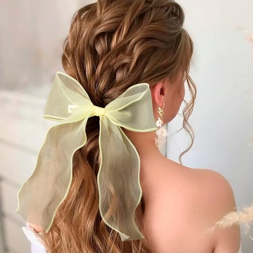 Alpinleux 2 Pcs French Yellow Bows for Hair, Silk Yarn Ribbon Elegant Hair Bow, Big Hair Bows, Hair Ribbons for Women, Fes...