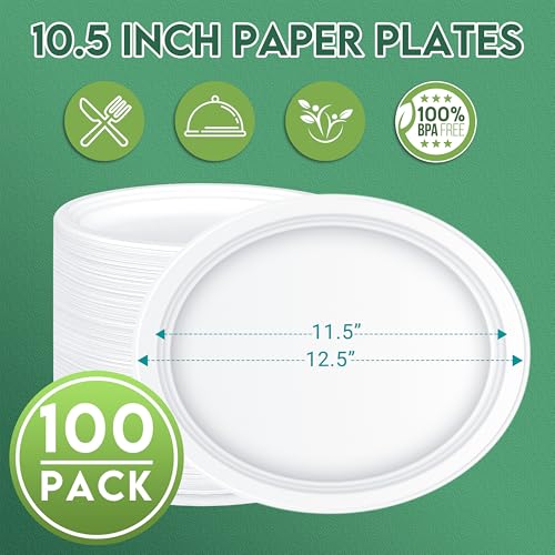 ZOES HOMEWARE 100% Compostable Oval Paper Plates 12 inch Bulk 100 Count, Heavy Duty Large Disposable Plates, Eco-Renewable...