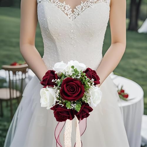 Vkkperp 9in Wedding Bouquets for Bride Bridesmaid, Burgundy & White Artificial Roses Flowers Bouquet for Rustic Church Boh...
