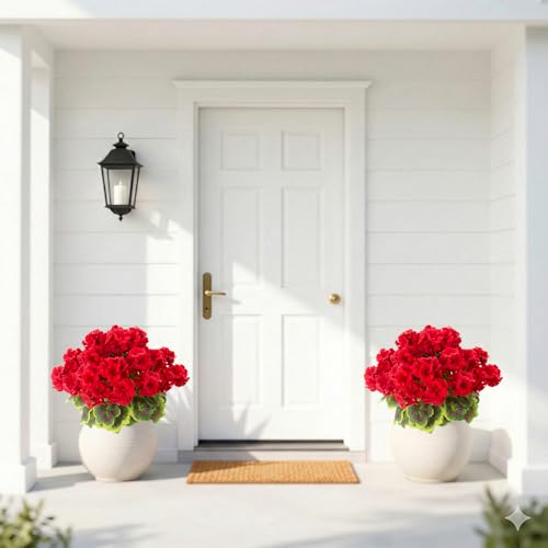 lovemoon 2Set Geranium Potted Artificial Flowers,Fake Geranium Plants for Outdoor Home Décor Office Tables Porch Garden De...