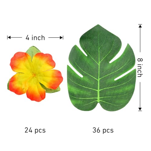Oudome 60Pcs Hawaiian Flowers,Tropical Decor Tropical Flowers Include Hibiscus Flowers Artificial and Palm Leaves,Hawaiian...