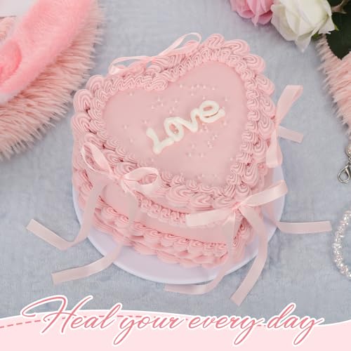 7 Inch Pink Bow Fake Cake, Heart Shaped Artificial Birthday Cake with Pearls and Love Word, Faux Bakery Display Cake Model...