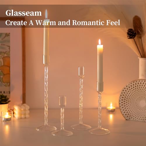 Glasseam Glass Candlestick Holders Clear: Taper Candle Holders Set of 4 Tall Candle Stick Candle Holder for Tapered Candle...