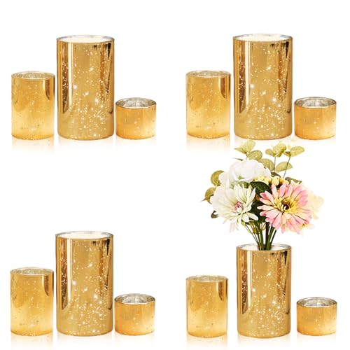 CHILL RECIPE Gold Cylinder Vases Glass Candle Holders Bulk, Mercury Hurricane Candle Holder Small Flower Vases for Centerp...