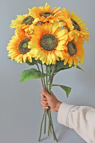 Sunflowers Artificial Flowers 6PCS Long Stem Large Fake Sunflower Kitchen Decor Realistic Silk Yellow Faux Flower For Birt...