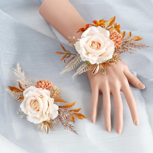 Rose Flower Wrist Corsage Boutonniere Set, Groom Groomsmen Bride Bridesmaids Wedding Accessories Prom Party Suit Decoratio...
