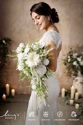 Ling's moment White Green Bridal Bouquet for Bride, White Green Wedding Bouquets for Bride, 13 Inch Bride Bouquets for Wed...