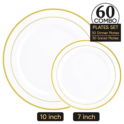 FOCUSLINE Gold Plastic Plates Set of 60, Disposable Plates with Gold Rim 30 Dinner Plates 10" and 30 Salad Dessert Appetiz...