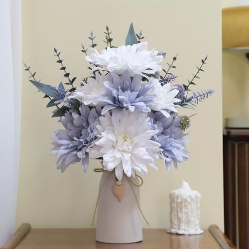 16" Artificial Flowers with Eucalyptus Stems and Greenery, Faux Dahlia Flower Arrangement in White Ceramic Vase with Heart...