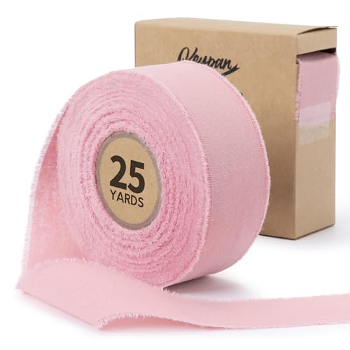 Keypan Pink Ribbon Set 1-1/2 Inch Handmade Cotton Frayed Fringe Fabric Ribbons for Baby Shower Crafts Flower Bouquets Wedd...