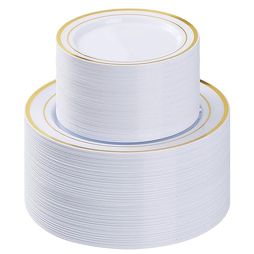 BESTVIP 200PCS Gold Plastic Plate, Disposable Party Plates with 100 Dinner Plates and 100 Dessert Plates, Plastic Plates f...