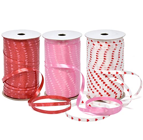 Gift Boutique 450 Yards Valentine Ribbons Heart Curling Ribbon 3 Rolls 150 Yard Per Roll; Pink Red White Hearts Valentine'...