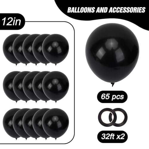 RUBFAC Black Balloons 65pcs, 12 Inch Party Balloon with Ribbons for Black History Month, Birthday, Wedding, Baby Shower, G...