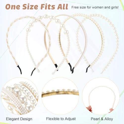 Matwsec 5PCS Pearl Headbands for Women White Pearl Headband for Girls Non Slip Bridal Headband for Wedding Party Pearls Ha...