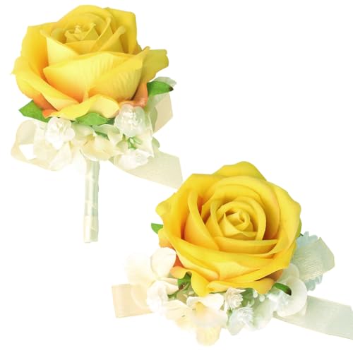 JHCYULUO Yellow Rose Corsage Wristlet and Boutonniere Set Wrist Corsage for Wedding Artificial Flowers Party Groom Decoration