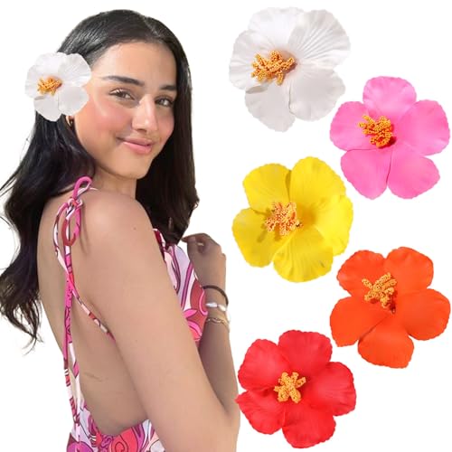 VOBOBE 5pcs Hawaiian Flower Hair Clips for Women, Plumeria Hibiscus Rose 3.5 Inch Artificial Floral Girls Clips Hair Acces...