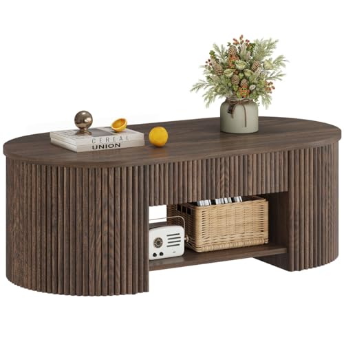 FATORRI Coffee Table with Storage, Mid Century Modern Wood Fluted Center Table with Shelf, Oval Coffee Tables with Drawer...