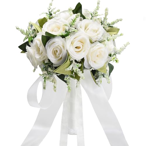 Wedding Bouquets for Bride Bridesmaid Bouquet Ivory Bridal Bouquet Artificial Roses for Wedding Church Home Decoration (Iv...