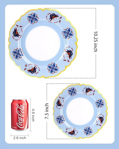 Morejoy 60Pcs Plastic Disposable Plates Set - Blue Plastic Plates Featuring Blue & Orange Floral Design With Gradient Gold...