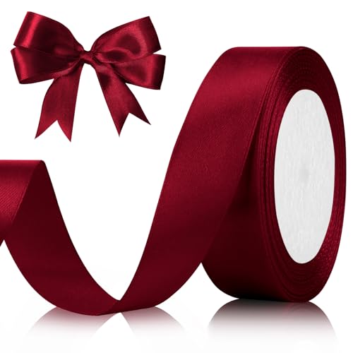 Red Ribbon for Gift Wrapping 1 Inch 25 Yds Satin Ribbons for Hair Wine Ribbon Burgundy Ribbons for Crafts Wedding Decor Fl...