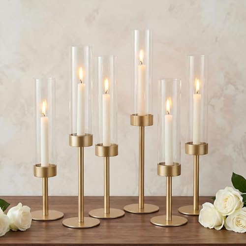 Ronasip Hurricane Candle Holders Set of 6, Matte Gold Metal Taper Candlestick Holders with Clear Glass Chimney Cylinder Tu...