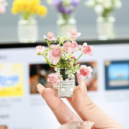 Set of 4 Cute Mini Rose Flower Vase Car Dashboard Decorations Self-Adhesive Mini Vase with Artificial Flowers Ornaments Ca...