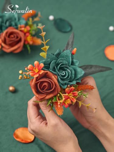 Serwalin 2 Pcs Boutonniere, 6-7 Inch Teal Orange Corsage for Wedding, Boutonniere for Men Groom and Best Man Prom Ceremony...
