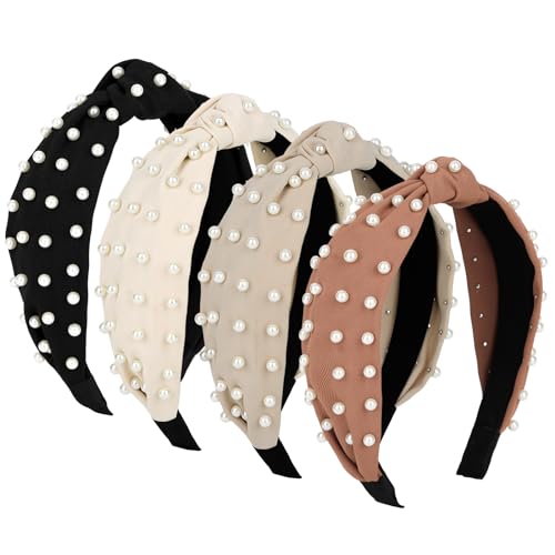 Jaciya Headbands for Women 4 Pack Pearl Headbands for Girls Knotted Headband for Women Top Knot Turban Hair Accessories