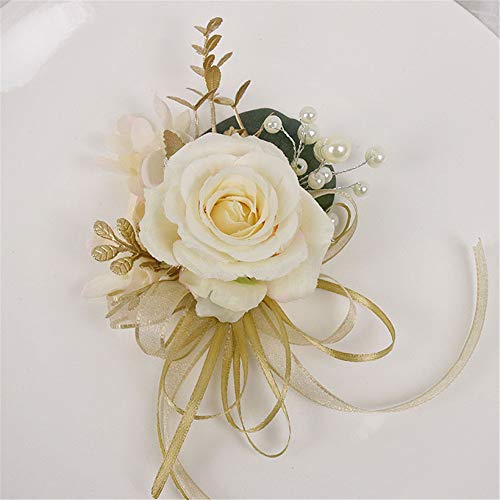 USIX 2pc Pack-Handmade Men's Lapel Pin Champagne Ivory Rose with Gold Leaves Ribbons Artificial Pearls Boutonniere Pin for...