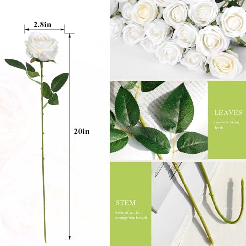 Rowfad 60 Pcs Artificial Roses Bulk Velvet Silk White Roses White Roses for Wedding Centerpieces Bridal Bouquet Mohter's D...