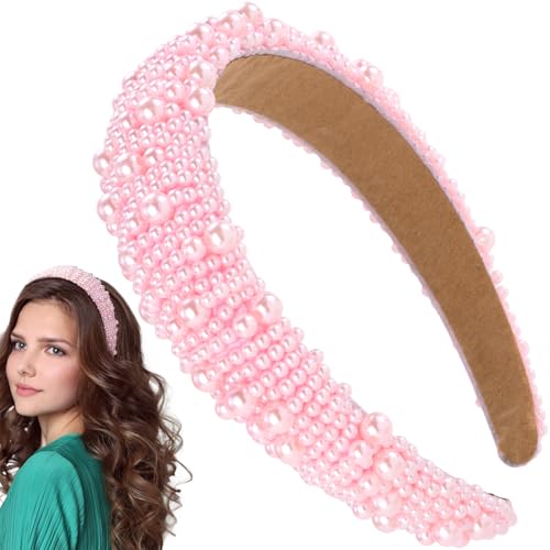 Lekgavd Pink Wide Headband for Women, Artificial Pearls Headband, France Vintage Beaded Hair Band for Women, Brides, Bride...
