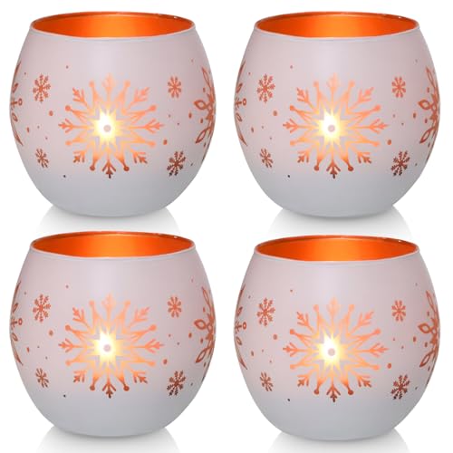 Snowflake Christmas Candle Holders Set of 4, Gold & White Glass Tealight Votive Holders for Winter Decor, Xmas Table Cente...