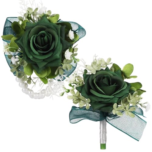 Corsage and Boutonniere Set for Wedding, Dark Green Artificial Rose Flowers, Pearl Wristband, Fabric Flower Decoration Sui...