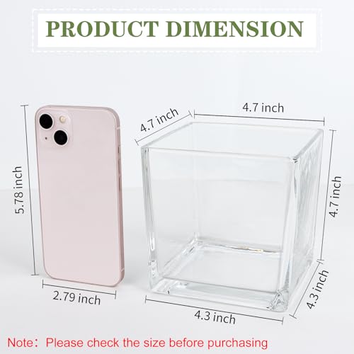 Comrzor 1 Pack Square Glass Vase 5" x 5" x 5", Clear Flower Vase for Centerpieces, Candle Holder for Wedding Party Events,...