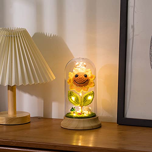 Eternal Sunflower Gifts for Women, Crochet Artificial Sun Flower Decor in Plastic Dome with Led, for Her Mom Mothers Day B...
