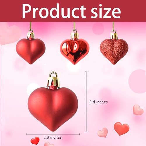 Tindobewan 12Pcs Heart Ornaments Multi Finish Heart Baubles Hanging Ornaments for Valentine’s Day Decor Mother's Day Chris...