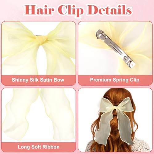 Alpinleux 2 Pcs French Yellow Bows for Hair, Silk Yarn Ribbon Elegant Hair Bow, Big Hair Bows, Hair Ribbons for Women, Fes...